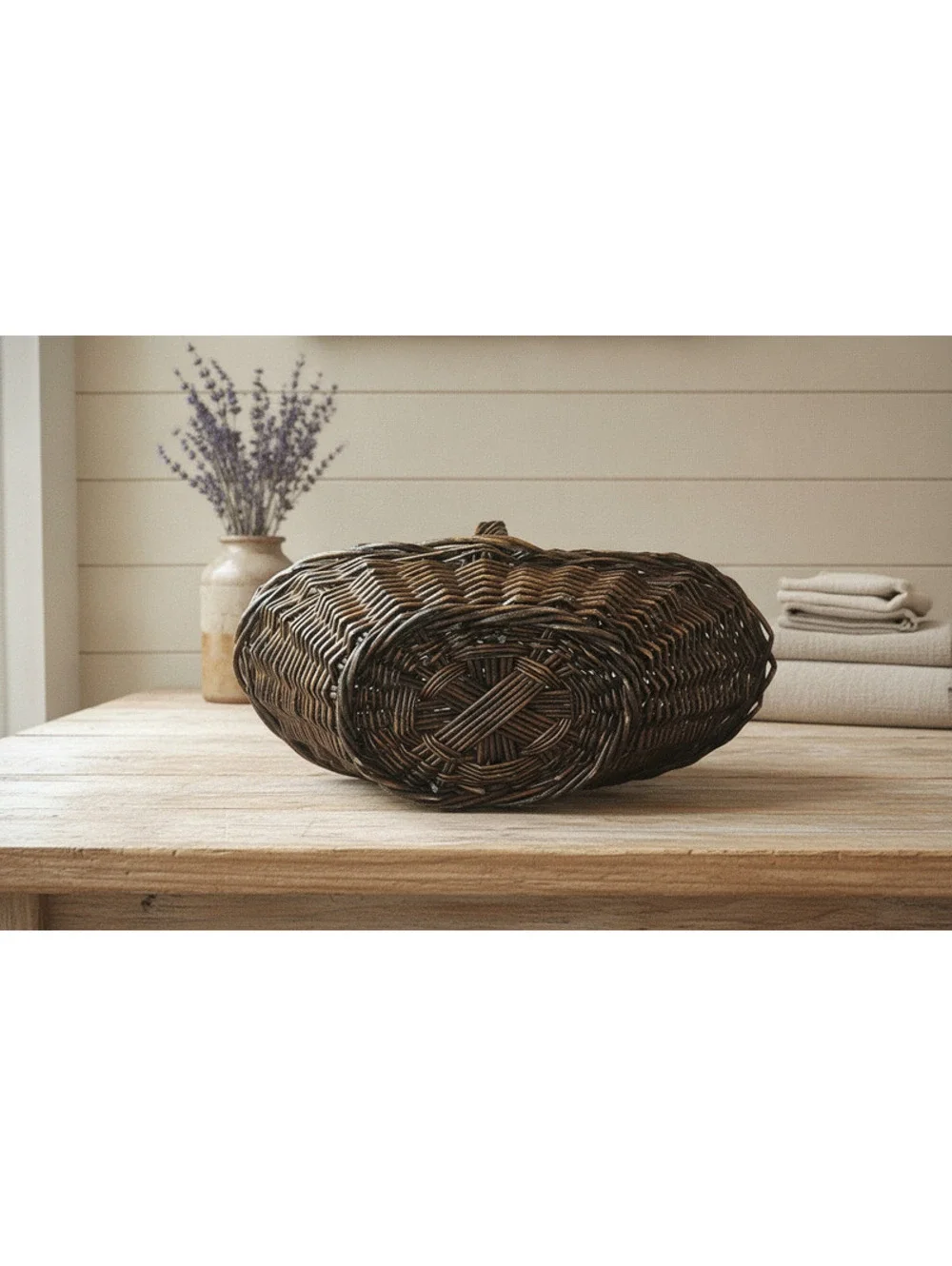 Vintage Handwoven Dark Wicker Rattan Large Flare Shaped Harvest Basket 10